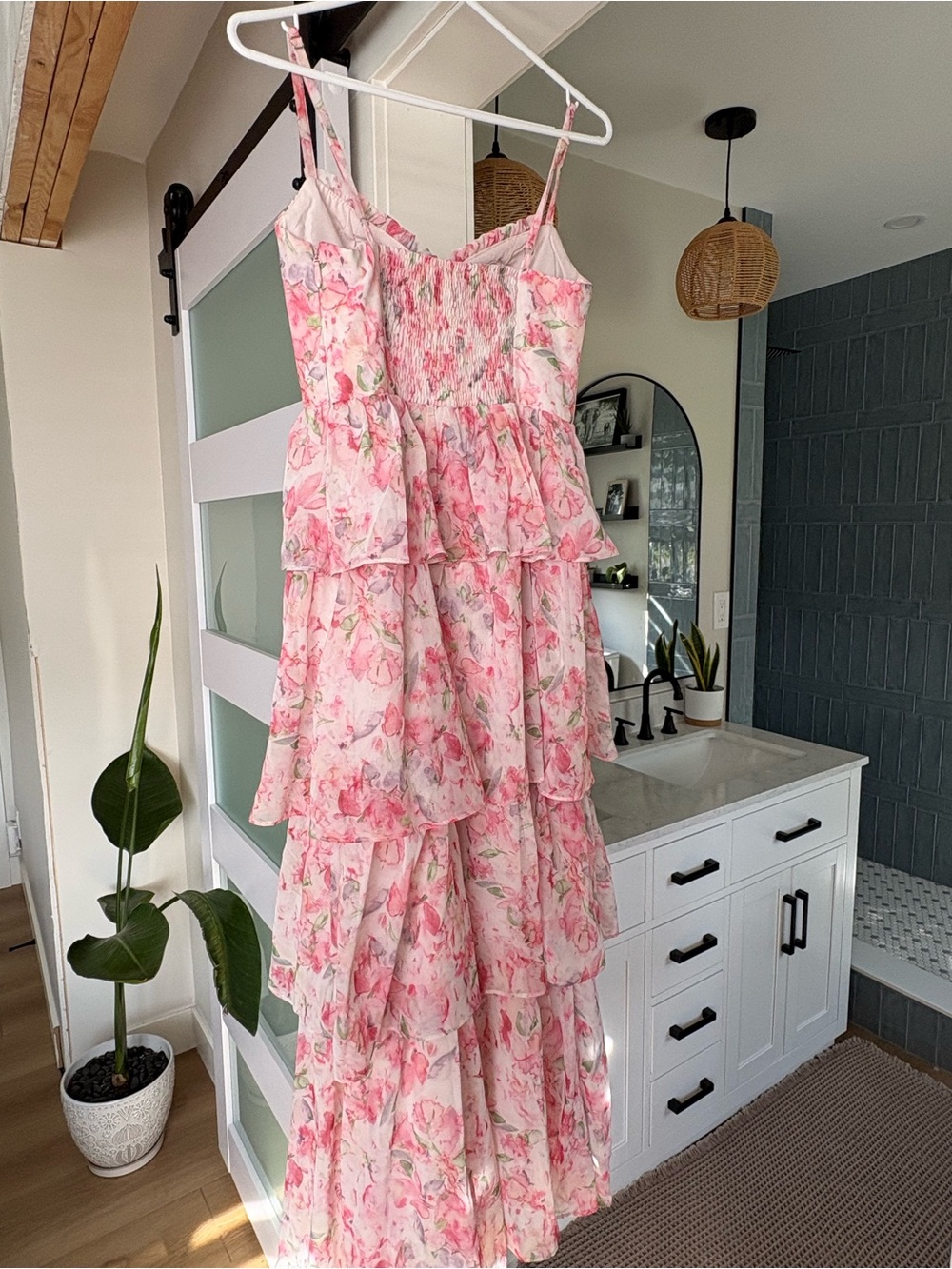 Azazie Pink Floral Tiered Dress with Spaghetti Straps - Picture 2 of 4